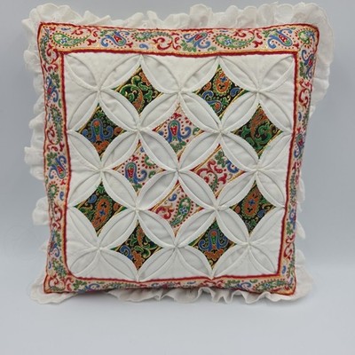 Cathedral Window Quilt Pattern Throw Pillow Handmade 10''x10'' & Ruffle Gold 