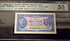 MALAYA 1940 10 CENTS BANKNOTE.  PMG GRADED 55.  PICK 2