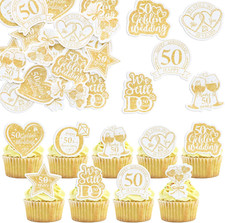 54Pcs Edible 50Th Anniversary Cupcake Toppers Golden Happy Wedding Glutinous Ric
