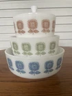 Vintage Federal Glass Set 3 Sunflower  Blue Green Brown With 2 Lids Htf GUC!