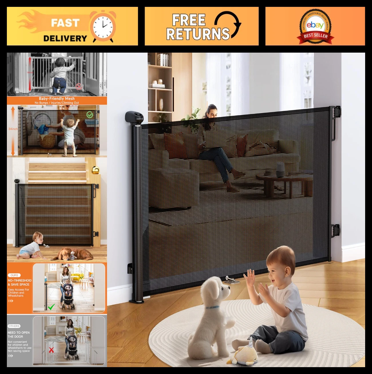 Adjustable Retractable Baby & Dog Safety Gate - 72" Wide, 34" Tall, Indoor/Outdo