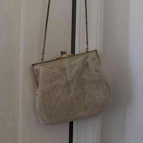 Beaded Beige Evening Bag Clutch Handbag with Chain Strap for Formal Events