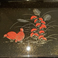 Vintage Japanese Lacquerware Serving Trays &ndash; Birds & Flowers &ndash; Black/Gold
