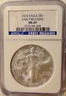 2010 Silver Eagle - Early Release - NGC MS 69 -  Beautiful Gem 1oz Silver Eagle