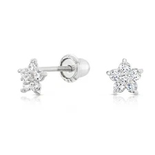 10K Real Solid White Gold Baby Flower CZ Sleeper Studs Earrings Screw-back