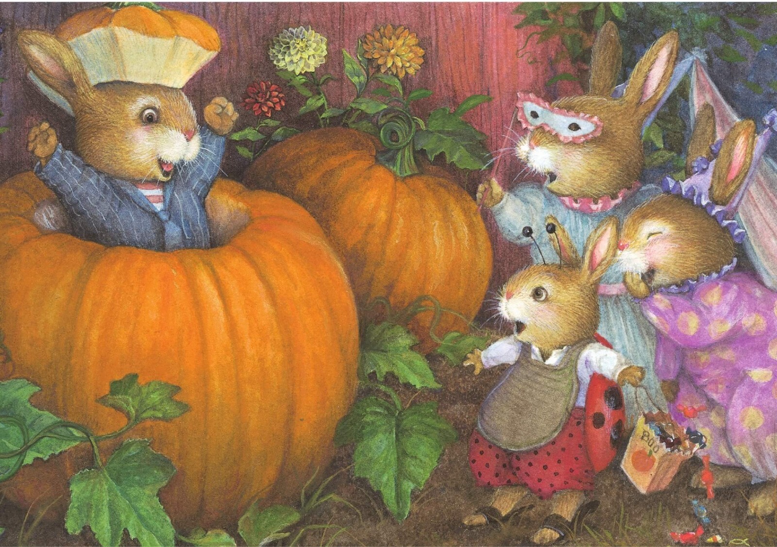 Vintage Birthday Card Bunnies Pumpkin - Beautiful Nostalgic Greeting Card