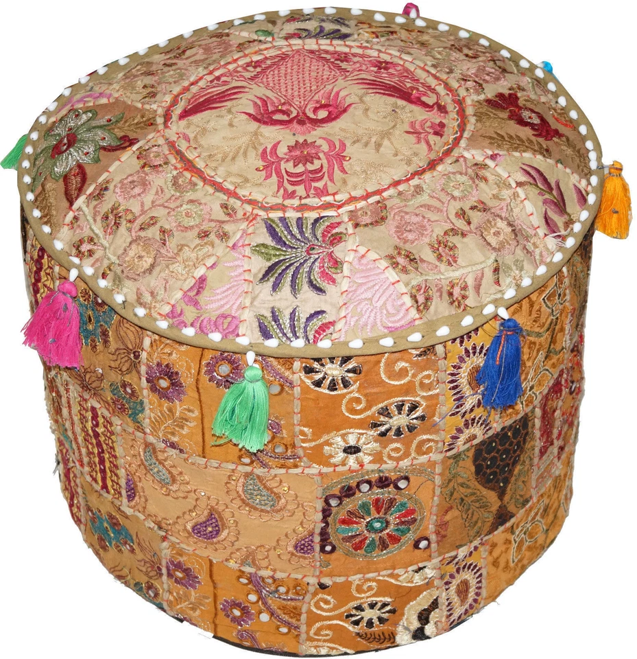 Puf otomano indio de 22" cubierta de reposapiés de piso redondo retazos cubierta de puf de algodón Foto 2 de 3