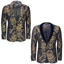 Mens Jacquard Blazer Gold Brocade on Flocked Navy Velvet Tailored Fit Tux Jacket