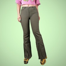 Vintage Y2K Linen Pants Low Waist Flare Leg Dark Olive Green - size XS-S