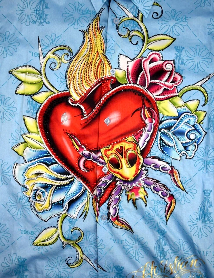 Camisa De Colección Christian Audigier Talla L 00s Deslumbrada Calavera Vid Corazón Músculo Amor Foto 2 de 4