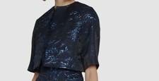 1095 Talbot Runhof Womens Blue Metallic Silk Jacquard Crop Jacket Size DE38/US8