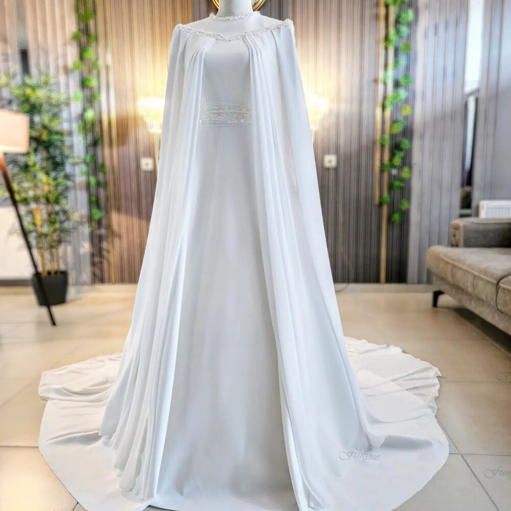Elegant Muslim Wedding Dresses O-Neck Long Sleeves A-Line Chiffon Bridal  Gowns | eBay