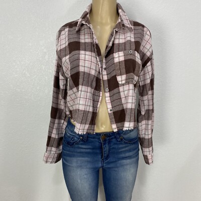 Rue 21 Plaid Rust Flannel Crop Shirt Womens Size M Casual Long Sleeve Top