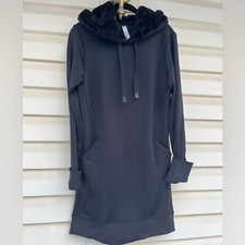 Athleta black long sweater/dress, hoodie w/faux fur, front pockets, drawstring S