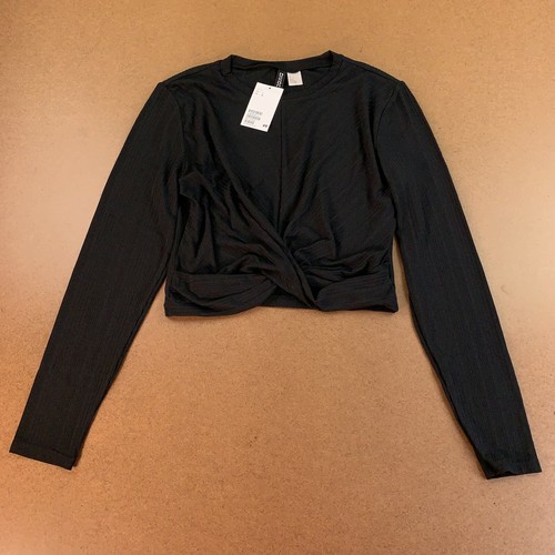 H\u0026M Para Mujer Talla Grande Negro Manga Larga Top Corto Drapeado nudo en el  dobladillo Nuevo con etiquetas | eBay
