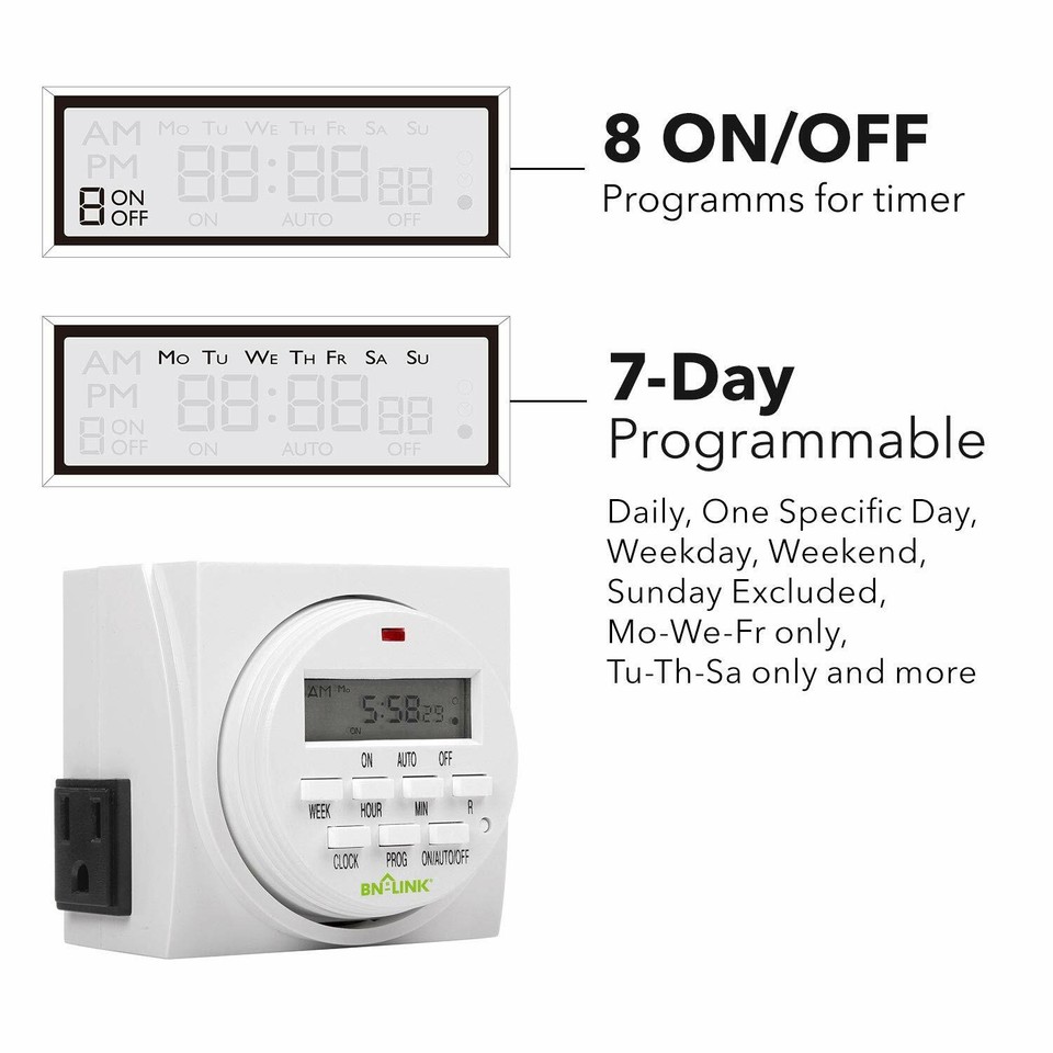 BN-LINK 7 Day Heavy Duty Digital Programmable Timer Switch - Dual ...