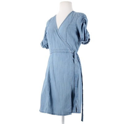 madewell denim wrap dress Madewell NEW $118 Sz S Blue Denim V Neck Puff Sleeve Cotton Lyocell Wrap  Dress