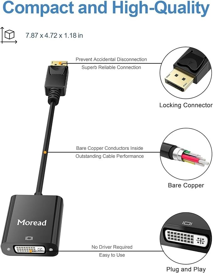 Moread DisplayPort (DP) to DVI Adapter, Display Port to DVI-D, Gold-Plated - NEW