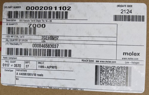 7000 Molex 0002091102 Socket Contact Connector Pins 14-20AWG Crimp Female Tin - Picture 3 of 6