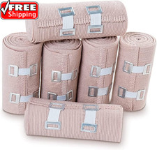 6 Rolls Elastic Bandage Wrap with 12 Extra Clips, 6 Inch X 15Ft Compression Band