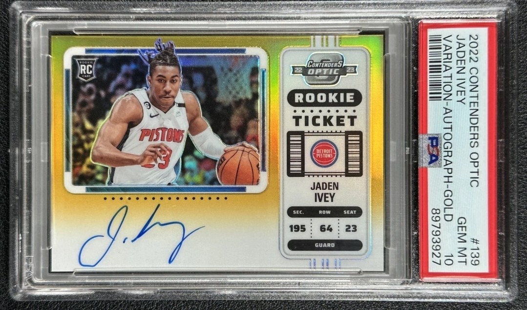 JADEN IVEY PSA 10 2022 CONTENDERS OPTIC #139 ROOKIE GOLD PRIZM VAR AUTO 06/10