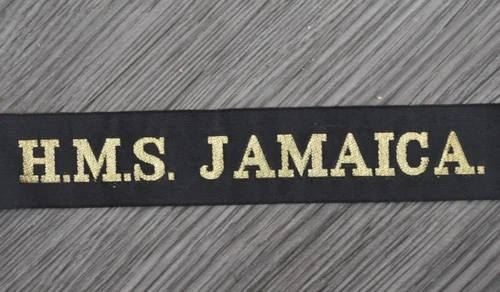 H.M.S. Jamaica. WW2 Fiji Class Light Cruiser Royal Navy Cap Tally