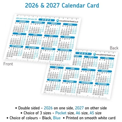 PLANNER HEAD 2026 & 2027 Calendar Planner Card. 3 Sizes. 2 Years Large Text Smooth White Card