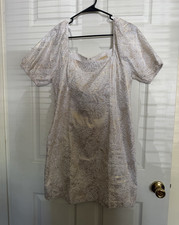 Michael Kors White Gold Floral 100% cotton Square Neck Puff Sleeve dress Size L