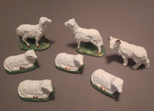 Lot of Seven Vintage Chalkware Nativity Small Sheep Lambs Green Bases Japan