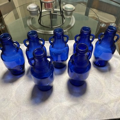 Vintage Cobalt  Blue ''BLUE LUNA CAFE'' Double Handle Glass 7'' Bottles Set of 7