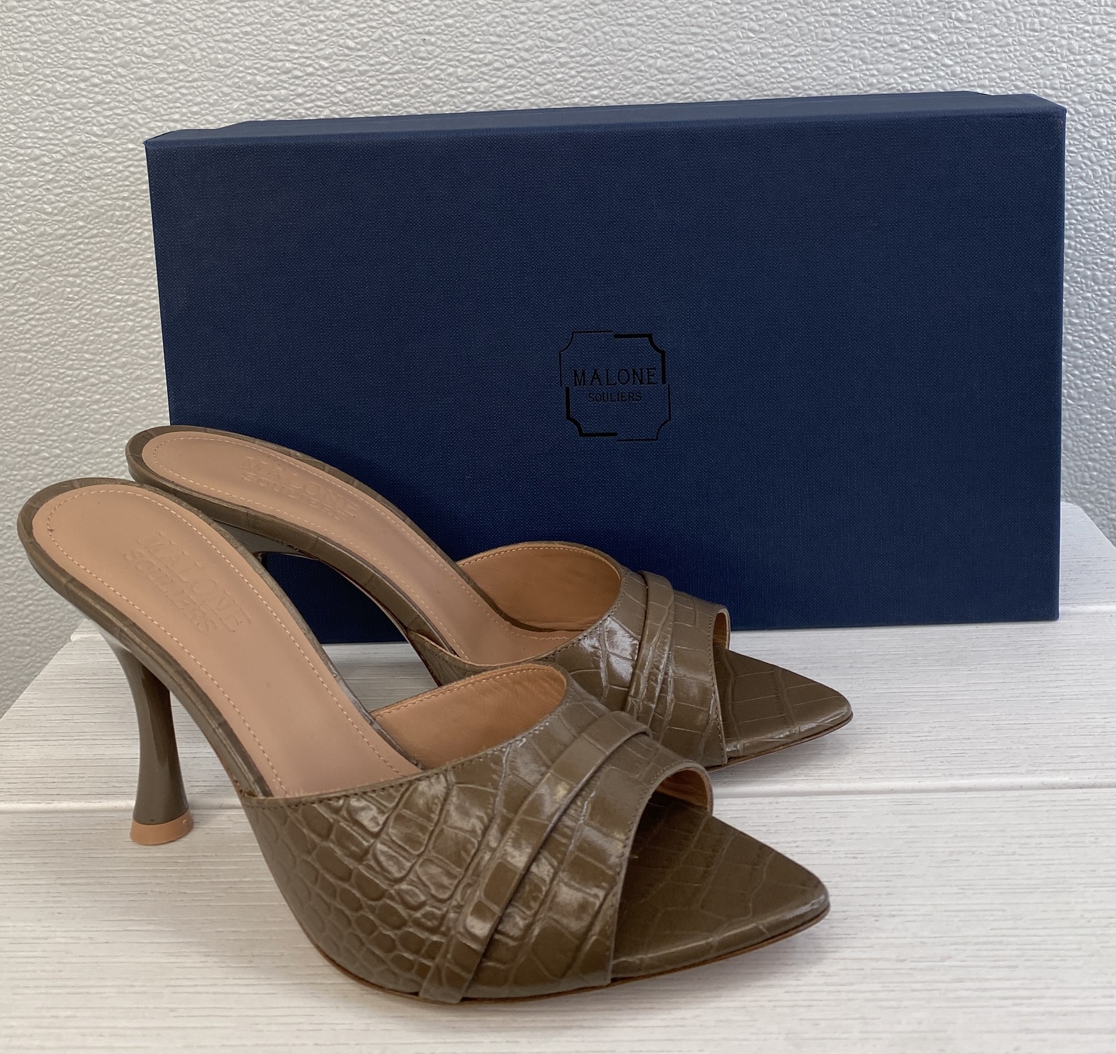 Malone Souliers Julia 90MM Mules Women US8.5 EU38.5 Taupe Leather Open Toe Pumps