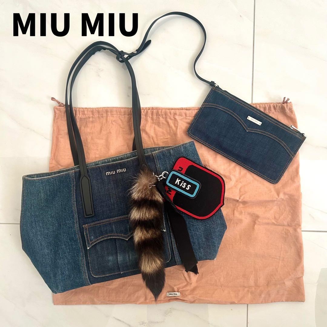 [Rare] MIU MIU Denim Tote Bag Charm Pouch Shoulder Bag