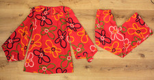 VTG Women's 60s 2 Pc Red Abstract Floral Bell Sleeve Top  Pants Set S/M 1960s