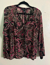 INC Women’s L Paisley BOHO Sheer Lace-Up Blouse Black Pink Long Sleeve Large
