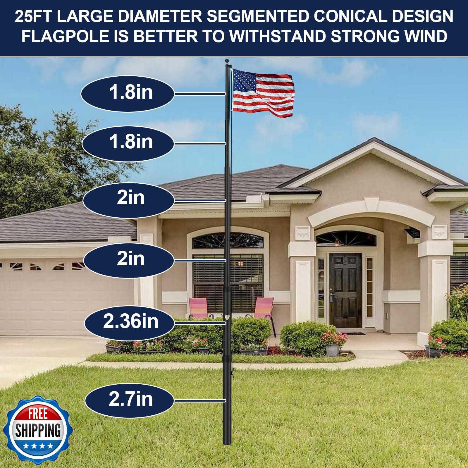 IOEN 25FT Extra Thick Aluminum Flagpole Kit, 2.7" Large Diameter Heavy Duty F
