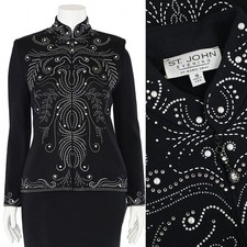 St. John Evening Pearl Embellished Zip-Up Jacket in Black/Silver sz 10