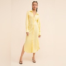 Anthropologie Suboo Halley Maxi Shirt Dress MEDIUM in Light Yellow Ruched Side