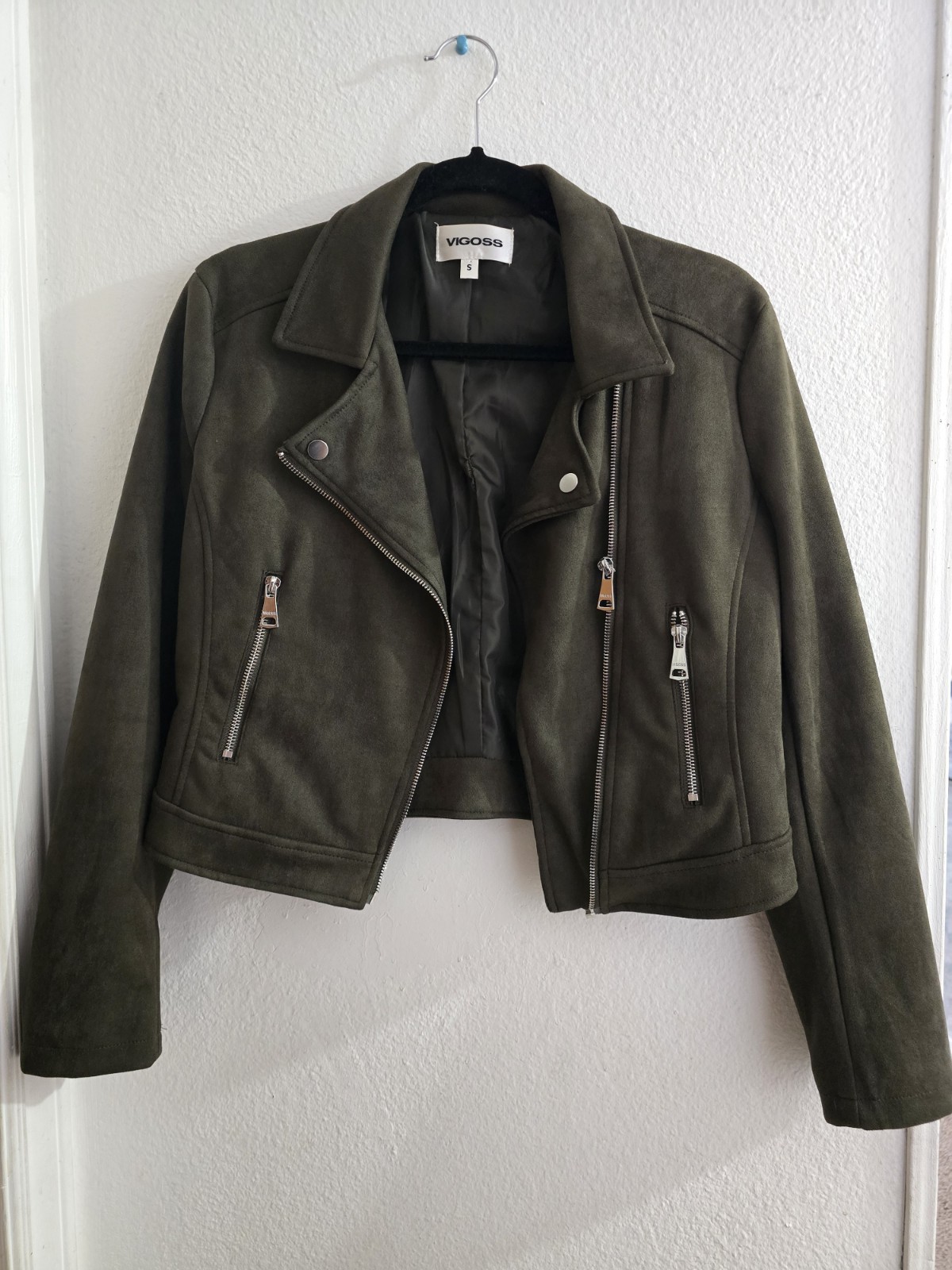 Vigoss Jacket Womens Green Faux Suede Moto Full Zip Asymmetrical Crop Biker  S