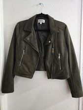 Vigoss Jacket Womens Green Faux Suede Moto Full Zip Asymmetrical Crop Biker  S