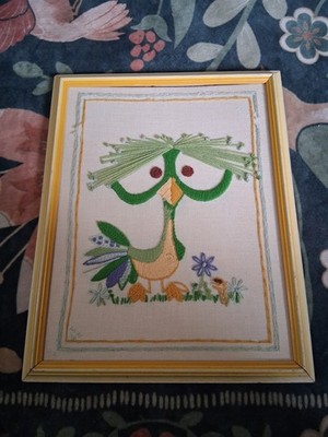 Vtg Dodo Bird Mortimer Crewel Embroidery Art Framed 1975 FREE SHIP