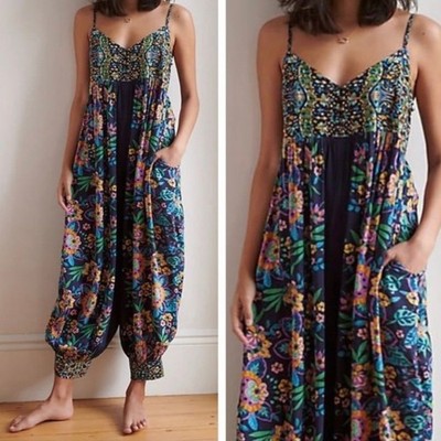 Anthropologie Vega Lounge Rio Harem Leg Boho Jumpsuit Floral Blue Size M