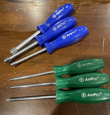 Lot OF 3 AMPRO NUTDRIVERS (3/8, 5/16, 3/16"),  Set of 3 Star drivers T15, 20, 30