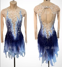 Ice Figure Skating Dress Rhythmic Gymnastics Twirling Competition blue dyeing