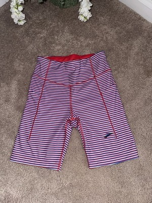 Brooks Size Medium Running 8'' Method Spandex Shorts Red White Blue Striped