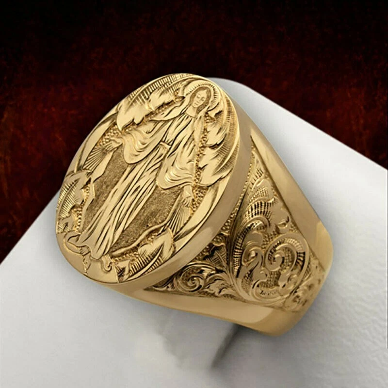 Ring Gold Men Handmade Ring Party Jewelry Carving Catholic