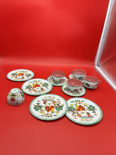 Vintage Children's Play Dishes Metal Tin Colorful Lot OHIO Art Co