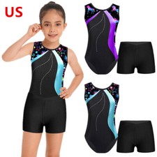 Gymnastics Leotard Girls Shiny Dancewear Bodysuit and Shorts Skating Jumpsuit