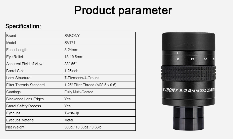 SVBONY 824mm 1.25" Zoom Eyepiece MultiCoated Lens Astronomy Telescope