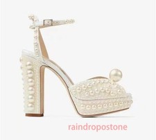 Womens Peep Toe Pearls Ankle Strap Sandals Bride Wedding Shoes Block High Heels