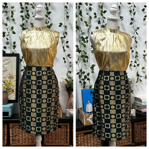 Vintage 60s Mini Dress Skirt Set Green Gold Lame Metallic Mod GoGo 2 pc XS - Image 1